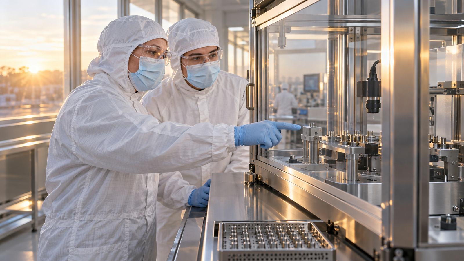 Two technicians inspect a machine on a production line